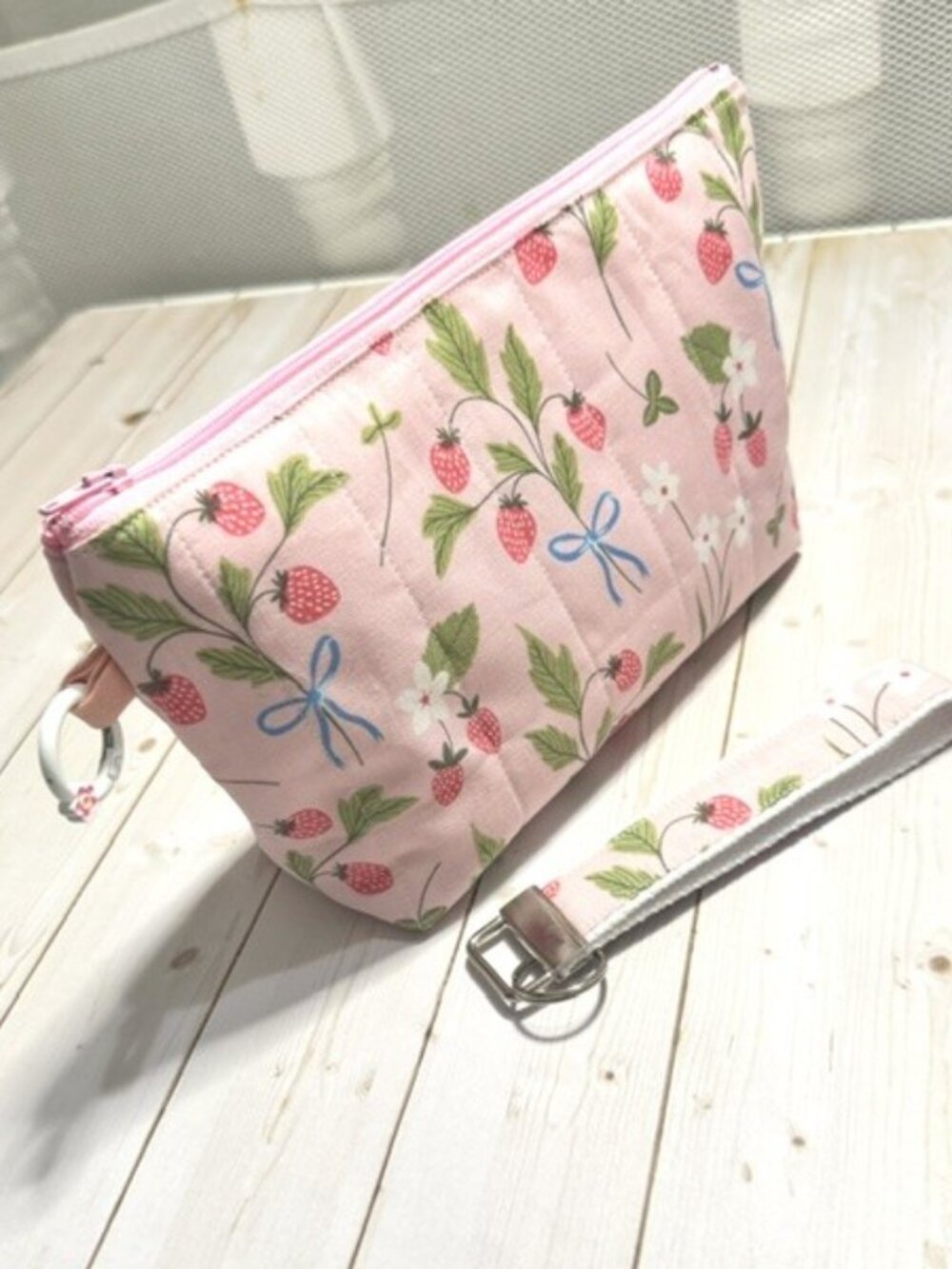 Strawberry Floral Zipper Pouch with Wristlet | Handmade Cotton Cosmetic Bag